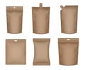 Set of realistic doy pack mockups. Brown flow pack, sachet, zip bag and doypack